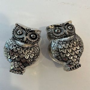 Pier 1 owl figurine salt & pepper shaker set silver tone metal kitchen decor